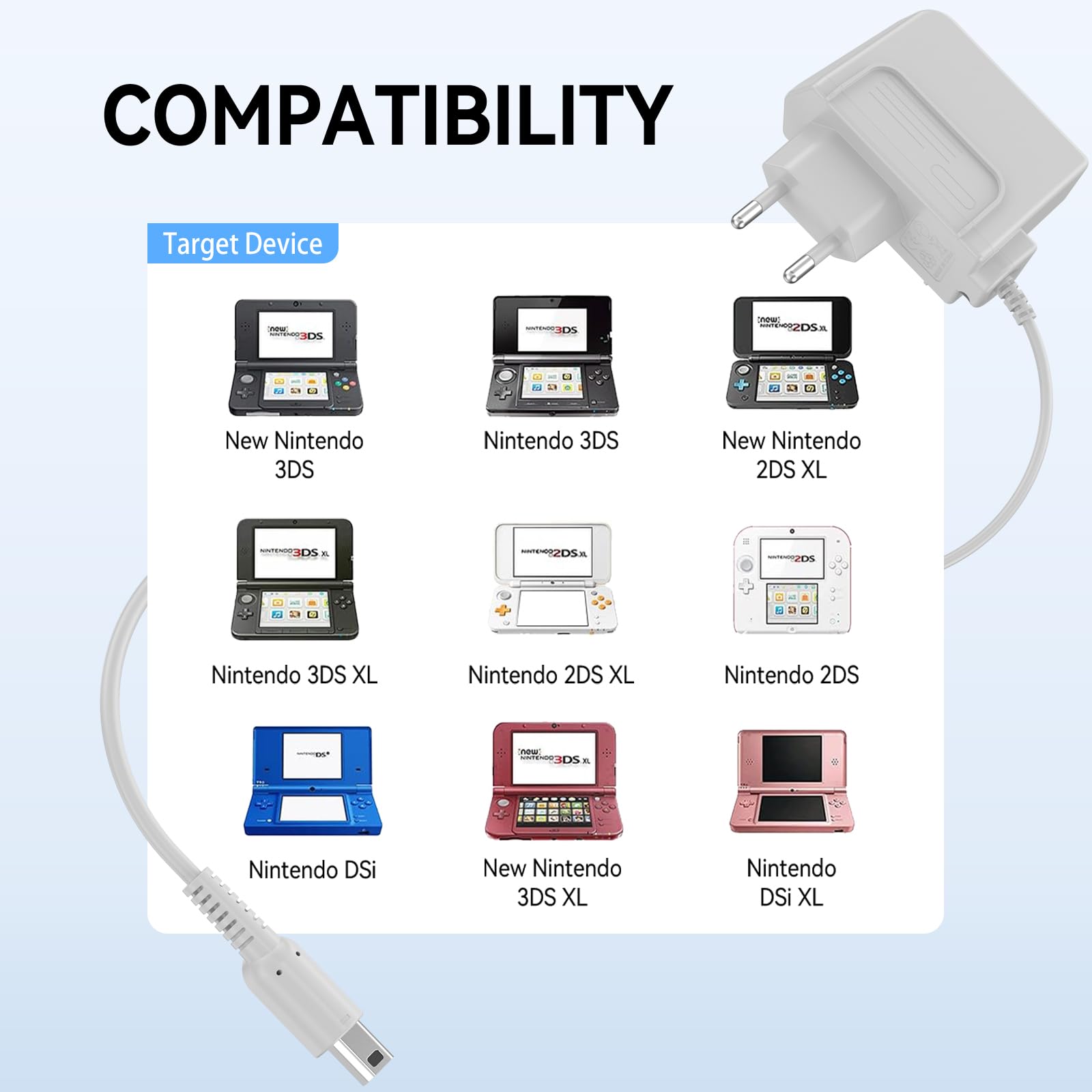 Yisica Chargeur pour Nintendo 3DS/ 3DS XL, Adaptateur Chargeur pour Nintendo 2DS/ 2DS XL/DSi/DSi XL/New 3DS, Adaptateur d’Alimentation Portable pour la Recharge des Consoles de Jeux (1,2m) - 3