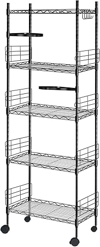 Hestiasko Estante de almacenamiento de 5 niveles con 2 estantes giratorios, estante de almacenamiento ajustable con 5 ganchos, estante de metal,
