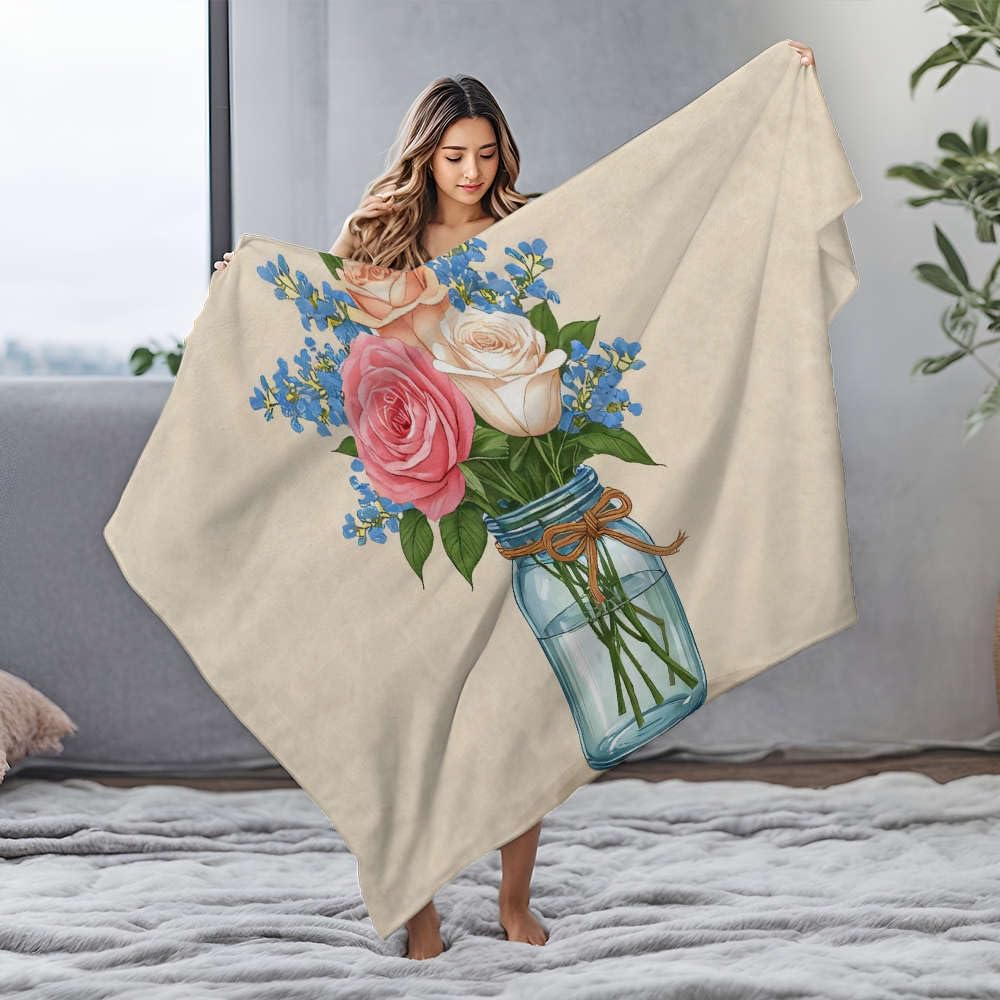 Couverture polaire flanelle bouquet de roses, cadeau idéal pour lit