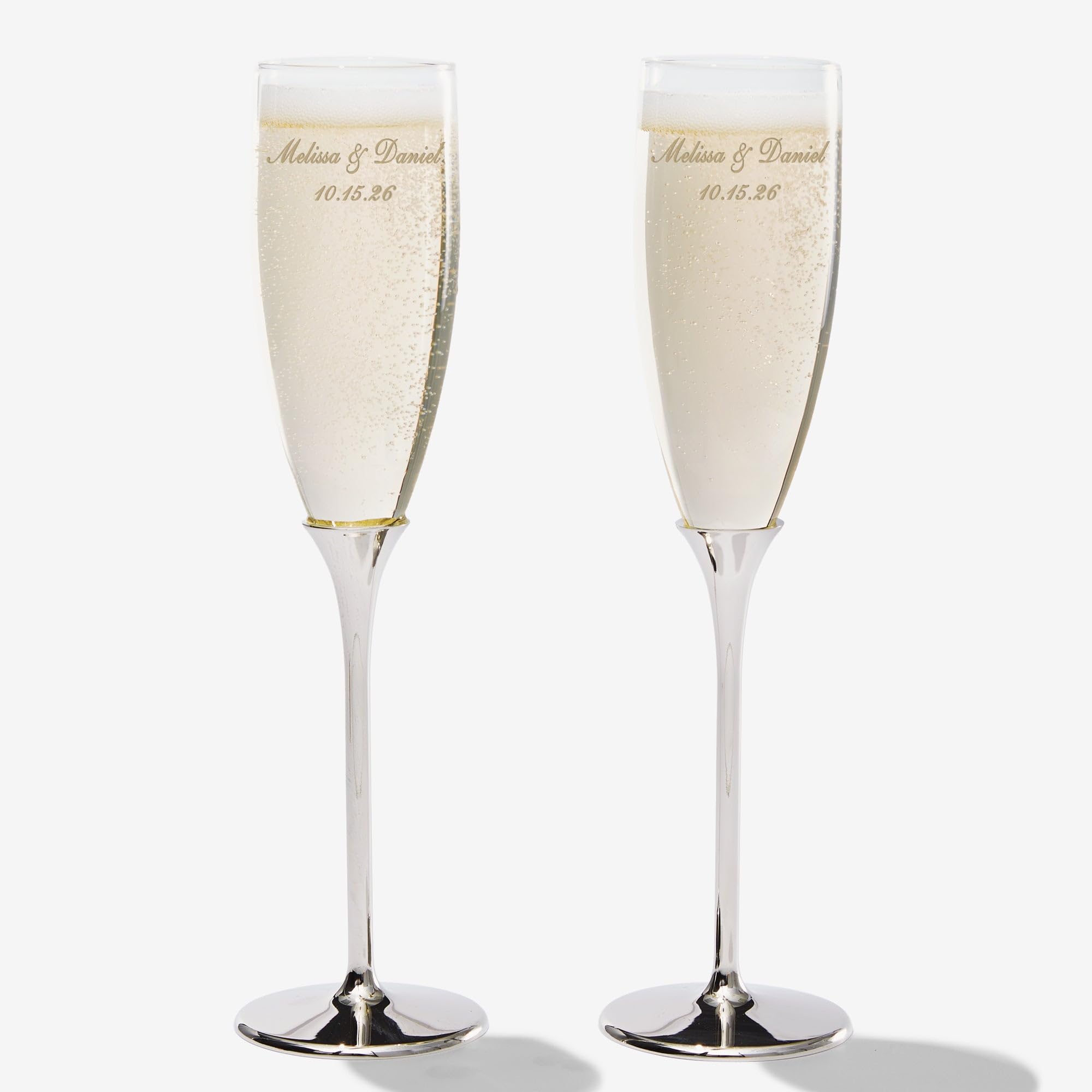 Personalization Universe Classic Custom Engraved Silver Wedding Flute Set - Personalized Champagne Glasses for Bride and Groom, 6.5oz, Gift Box