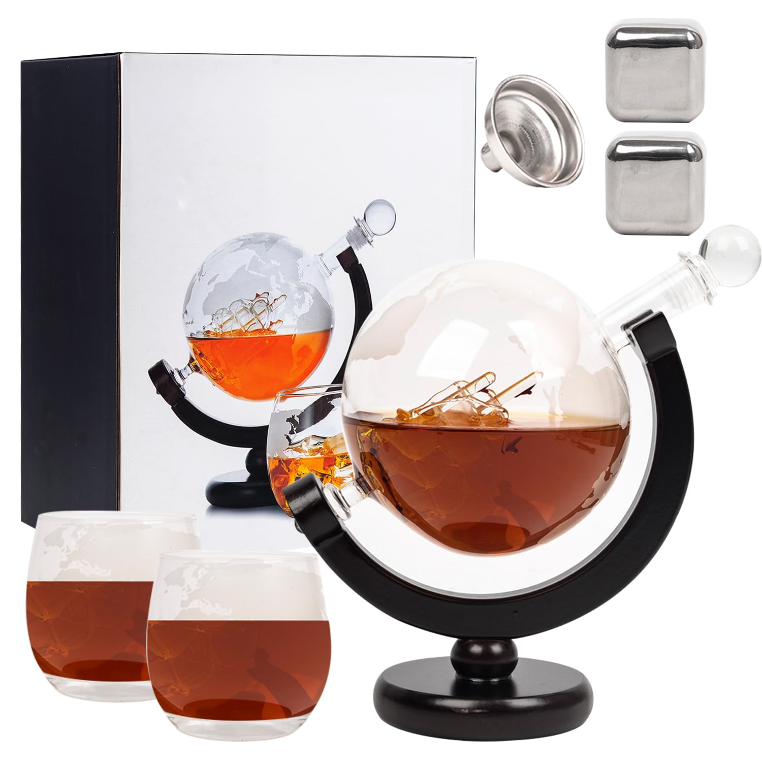 Whiskey Ship Globe Decanter Set - Gift for Men with Etched Globe Design