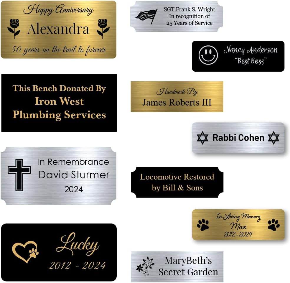GEM AWARDS Custom Engraved Name Plate with Adhesive, Made in USA, Personalized Pet Memorial Plaque, Art Tag, Flag Case (Black Plate/Gold Text, 1x3 Inch)