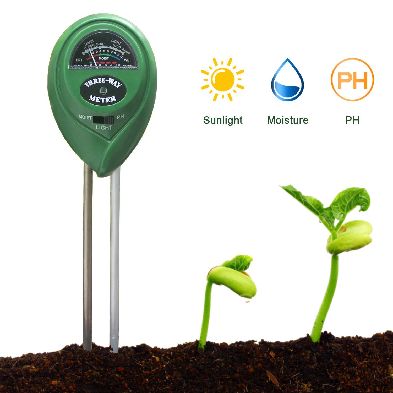 Soil PH Meter, Soil Moisture Meter, Gardening Light Tester 3-in-1 Soil Tester Kit- No Battery Needed(2pcs)