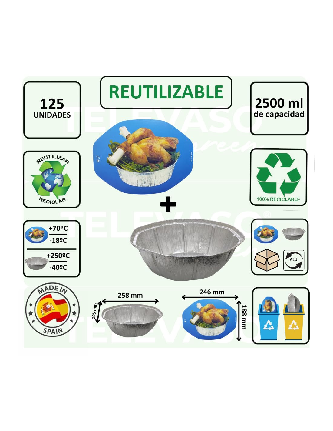 125 uds - Envase/recipiente de aluminio oval para pollo asado + tapas - Capacidad 2500 ml y tamaño 192 x 137 x 84 mm - Bandejas reciclables, apto para altas temperaturas