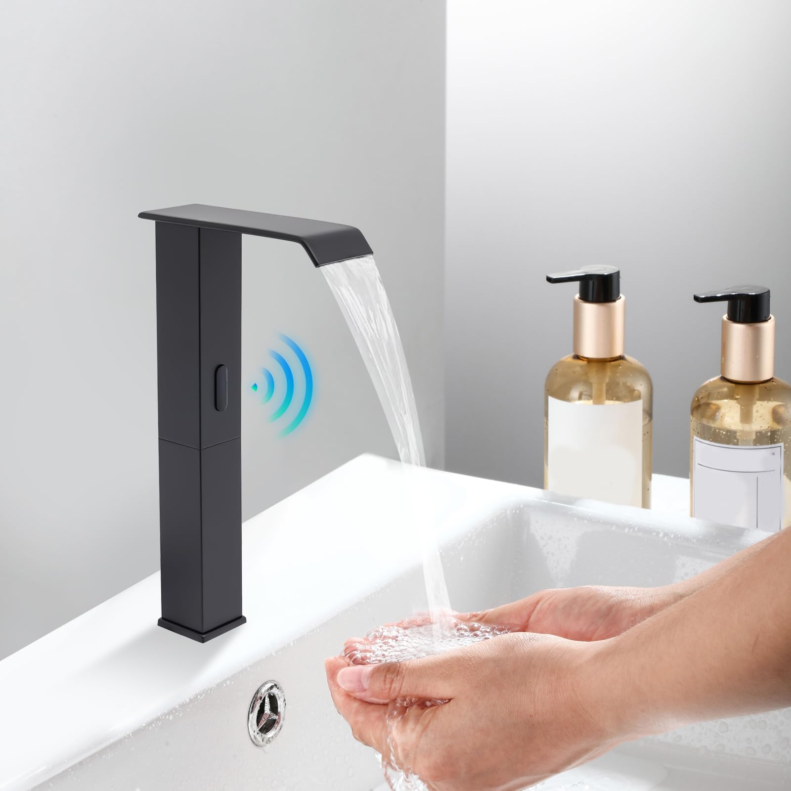 Grifo de latón con sensor infrarrojo alto, grifo de lavabo automático con válvula de temperatura ajustable, grifo mezclador sin contacto (negro)