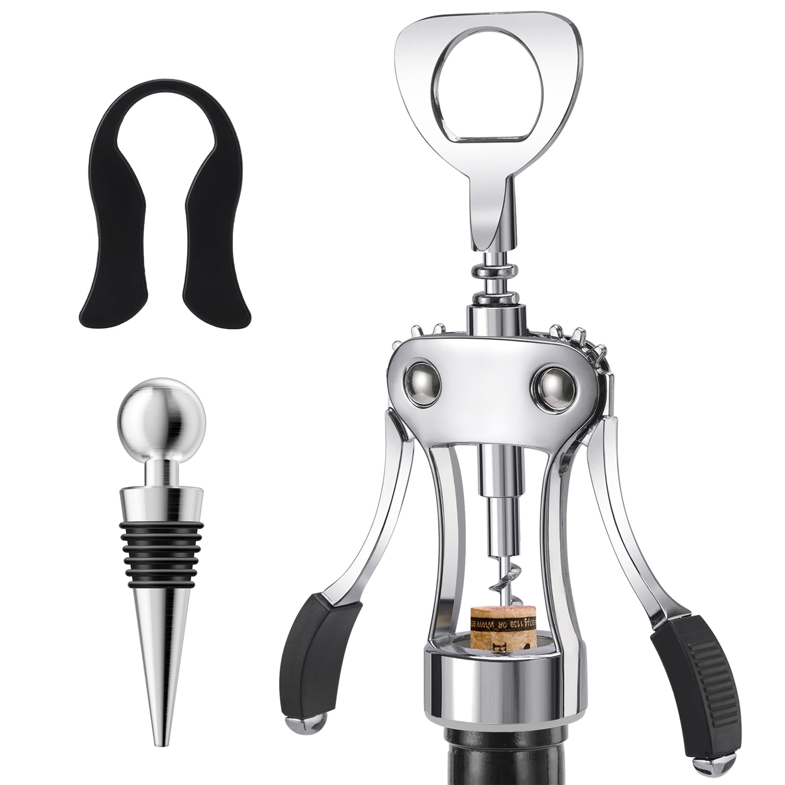 Wine Opener with Stopper, Cutter - Wine Bottle Opener Bundle, Zinc Alloy Wing Corkscrew Heavy Duty, Cork Screw Beer Opener for Bartenders, Multifunctional Bottle Opener for Kitchen, Restaurant, Bar