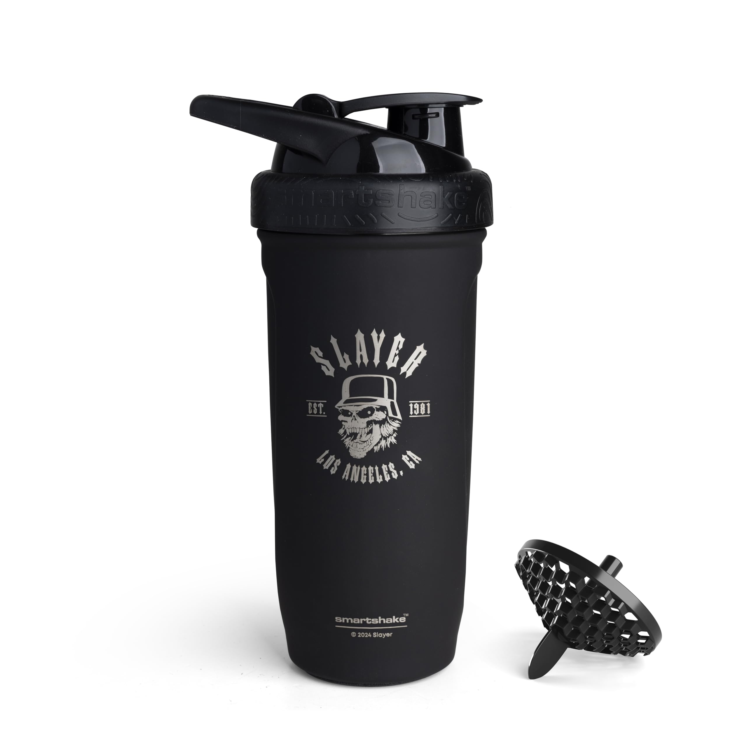 Smartshake Black Rockband Reforce Stainless Steel Protein Shaker Bottle - Non Insulated Gym Shaker Bottles - 900 Ml | 30 Oz - Leakproof Screw-On Lid - Bpa Free | Slayer, Los Angeles Logo