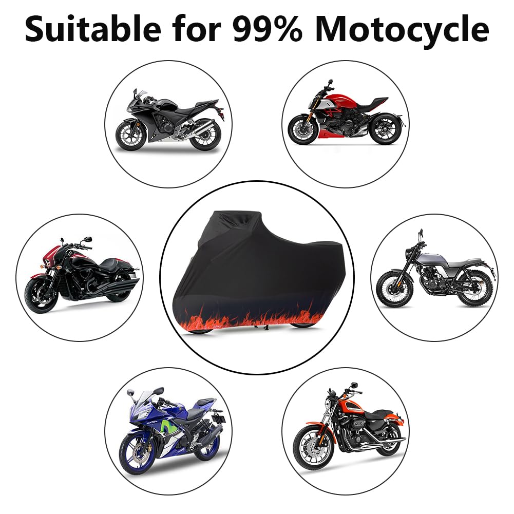 BHIEE Indoor Motorrad Abdeckplane Stretch Stoff Innen Motorradabdeckung Staubschutz-elastischer Motorradplane Motorrad Schutzhülle 295 x 109 x 140 cm, Orangefarbenes Flammenmuster