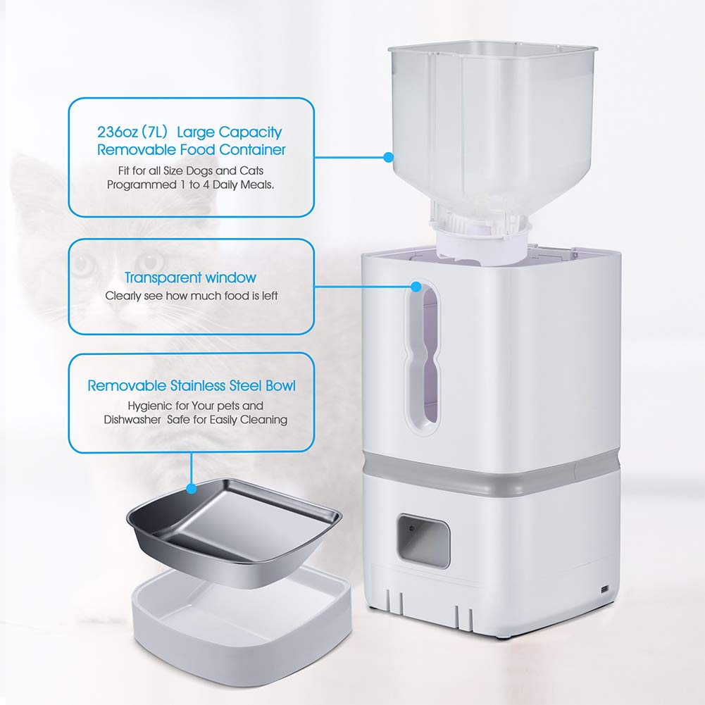 7L Automatico Cat Alimentatore, Auto Gatto Cane Temporizzata Programmabile Dispenser Alimentare Alimentatore Con Acciaio Inossidabile Vassoio, Porzione Di Controllo, Registrazione Audio Ricordare