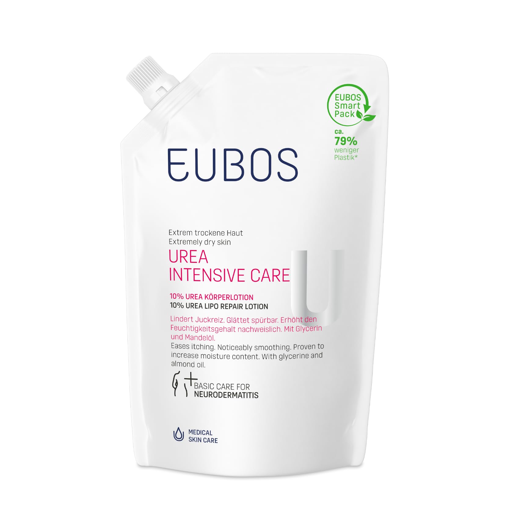 Eubos | 10% UREA balsam do ciała, worek uzupełniający, 400 ml, do suchej skóry, potwierdzony dermatologicznie, poprawia zdolność nawilżenia skóry, specjalny krem pielęgnacyjny