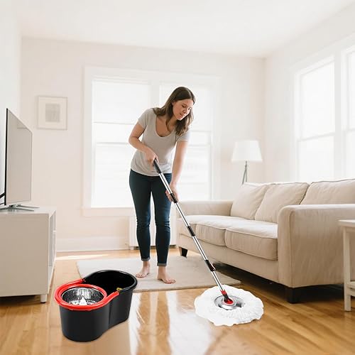 Miniatura 7 de Juego de trapeador giratorio y cubo, sistema de fregona giratoria de 360 y cubo, para limpieza del piso de la fregona, con 3 cabezales de repuesto