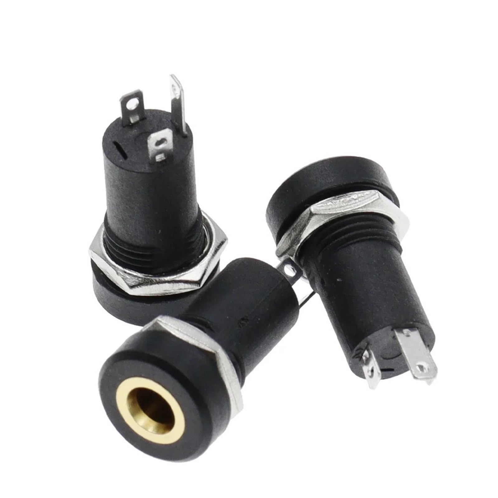 PJ392A Lot de 10 prises jack audio 3,5 mm à 3 pôles Noir Stéréo Montage sur panneau Doré avec écrous PJ-392A