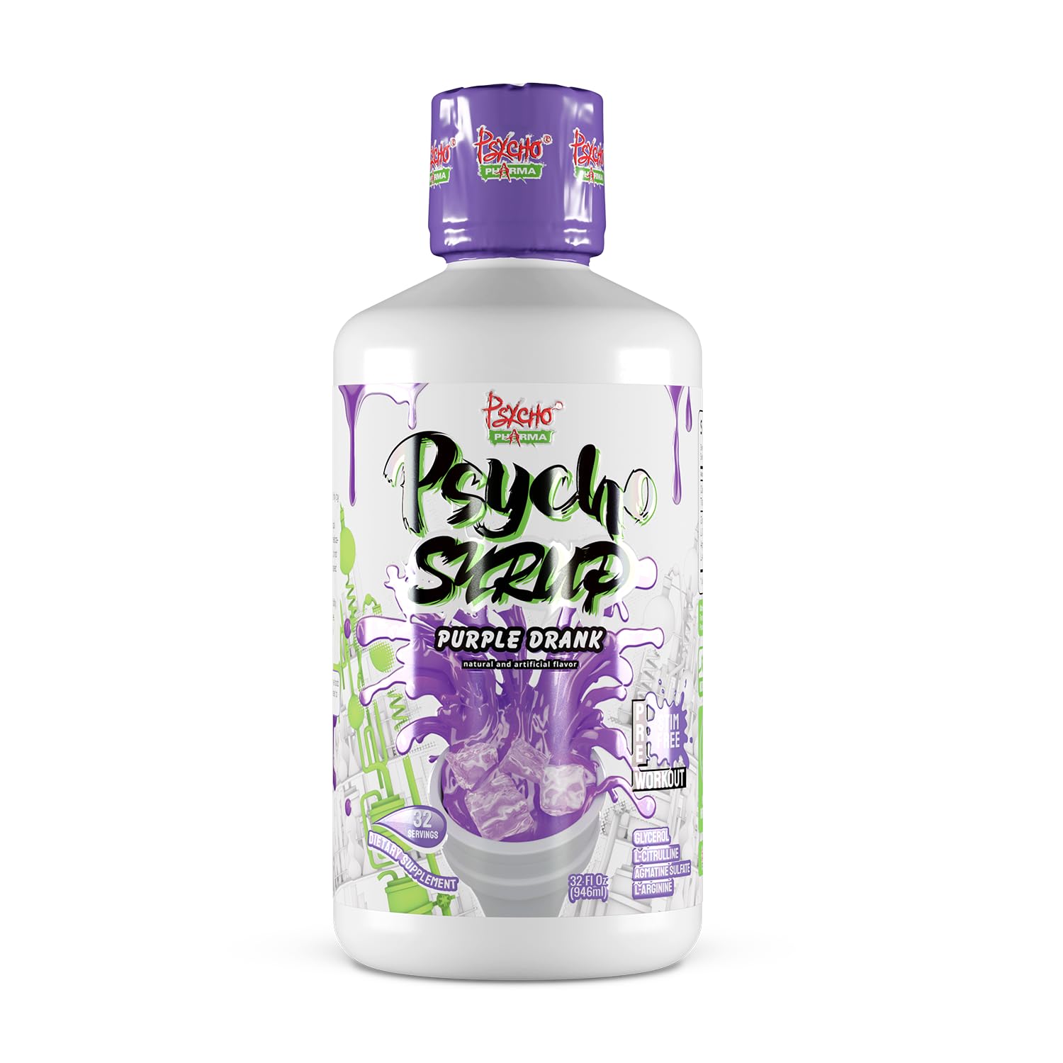 Psycho Pharma Psycho Syrup Liquid Glycerol Pump Pre-Workout, Non-Stim Caffeine-Free with L-Citrulline, Agmatine & L-Arginine for Pumps, Hydration, Vascularity & Endurance, Purple Drank, 32 fl oz