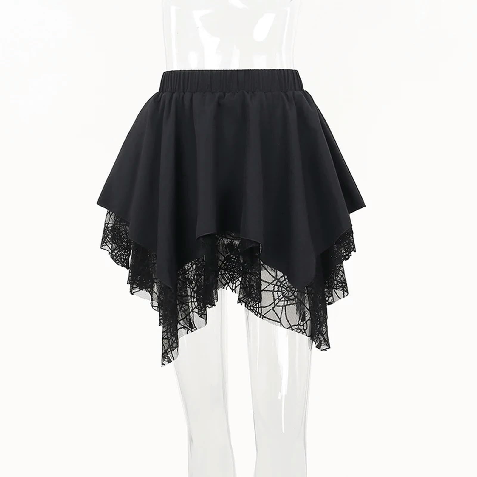 Gonne a Trapezio in Pizzo Nero Gotico per Donna Gonna Estiva Lolita Abiti gotici Streetwear Anni '90-Nero-M