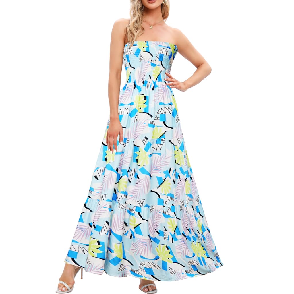 Women's Casual Off Shoulder Maxi Dress Strapless Tube Top Bohemian Beach Long Dresses 092