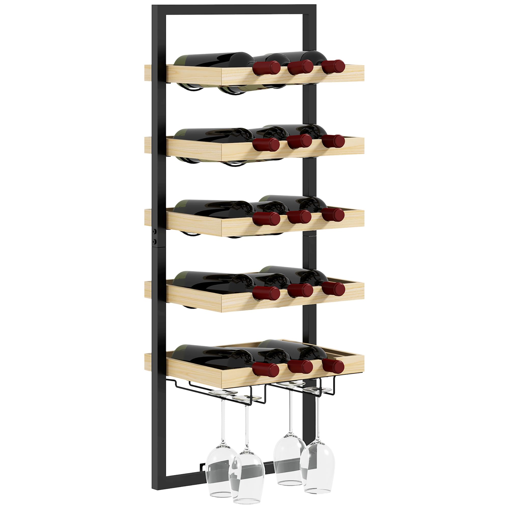 HOMCOM Étagère à vin Murale, Porte-Bouteilles, étagère à Bouteilles 5 Niveaux pour 15 Bouteilles 4 Verres, Bois de pin, 35 x 25 x 86 cm