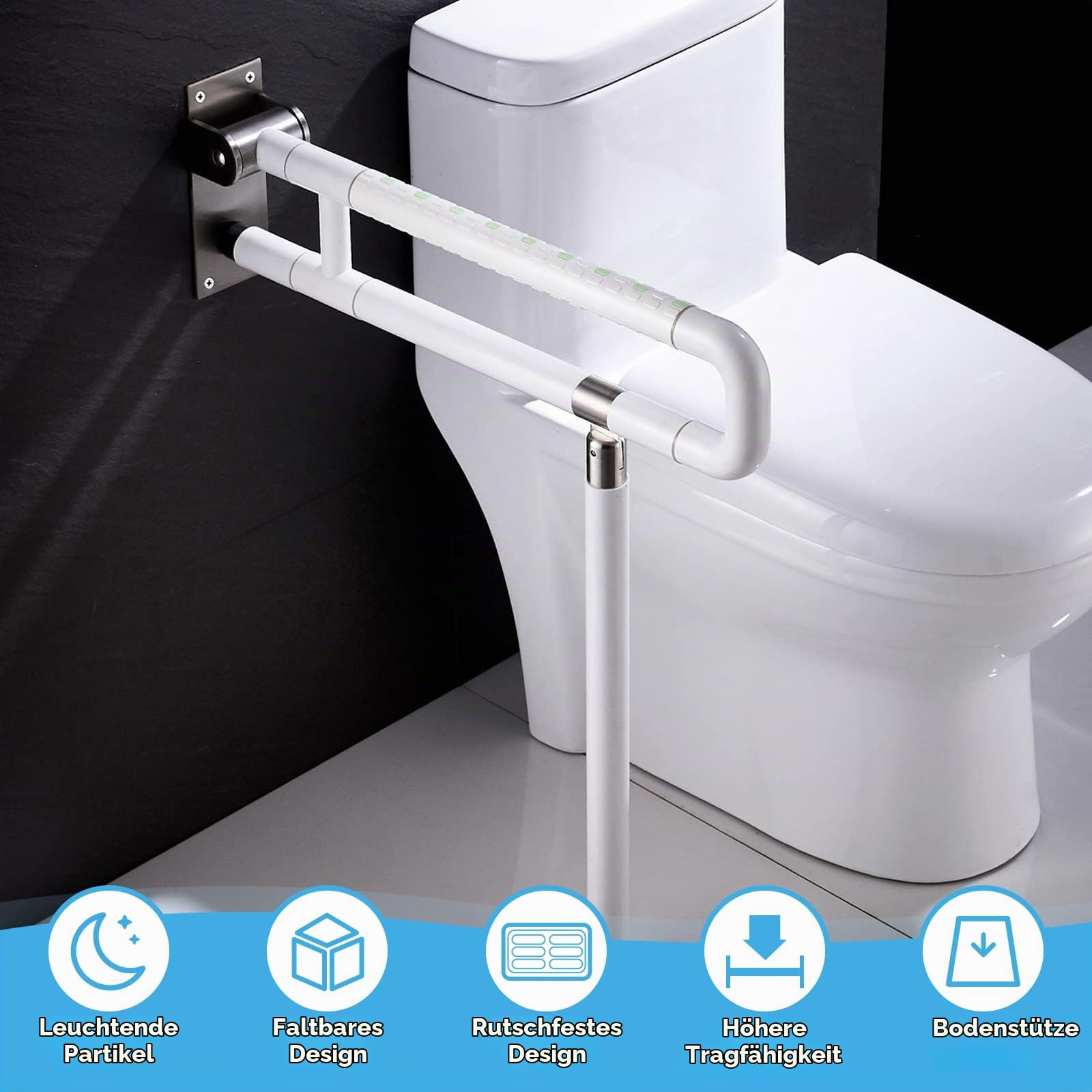 modunful Upgraded Handicap Grab Bars für Badezimmer, Flip Up Toilette - Schienen für ältere Menschen für die Wand, Anti-Rutsch-Griff Bar für die Toilette, leuchtet in der Nacht 60cm