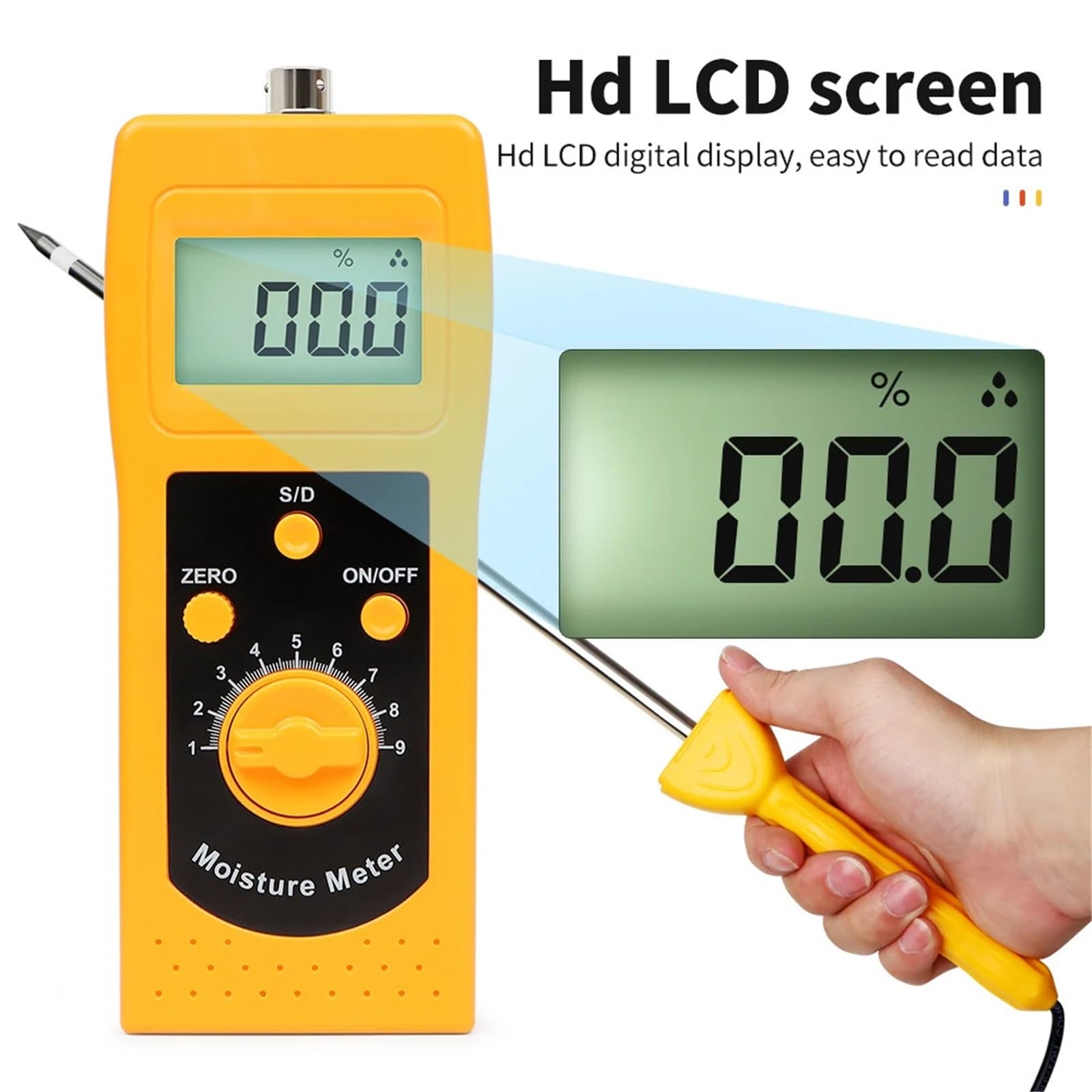 Misuratore di umidità, Misuratore di umidità ad alta frequenza con display LCD, misuratore del terreno e della sabbia, sonda rilevamento, rilevatore retroilluminazione