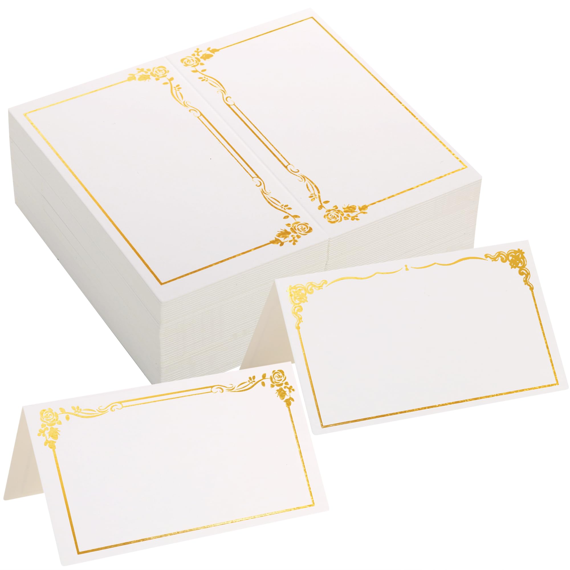 Photo 1 of 100 Pack Wedding Place Cards for Table Setting, 2 Designs Small Table Cards with Gold Foil Border for Buffet Banquet Parties Events Celebrations (3.5 * 4")