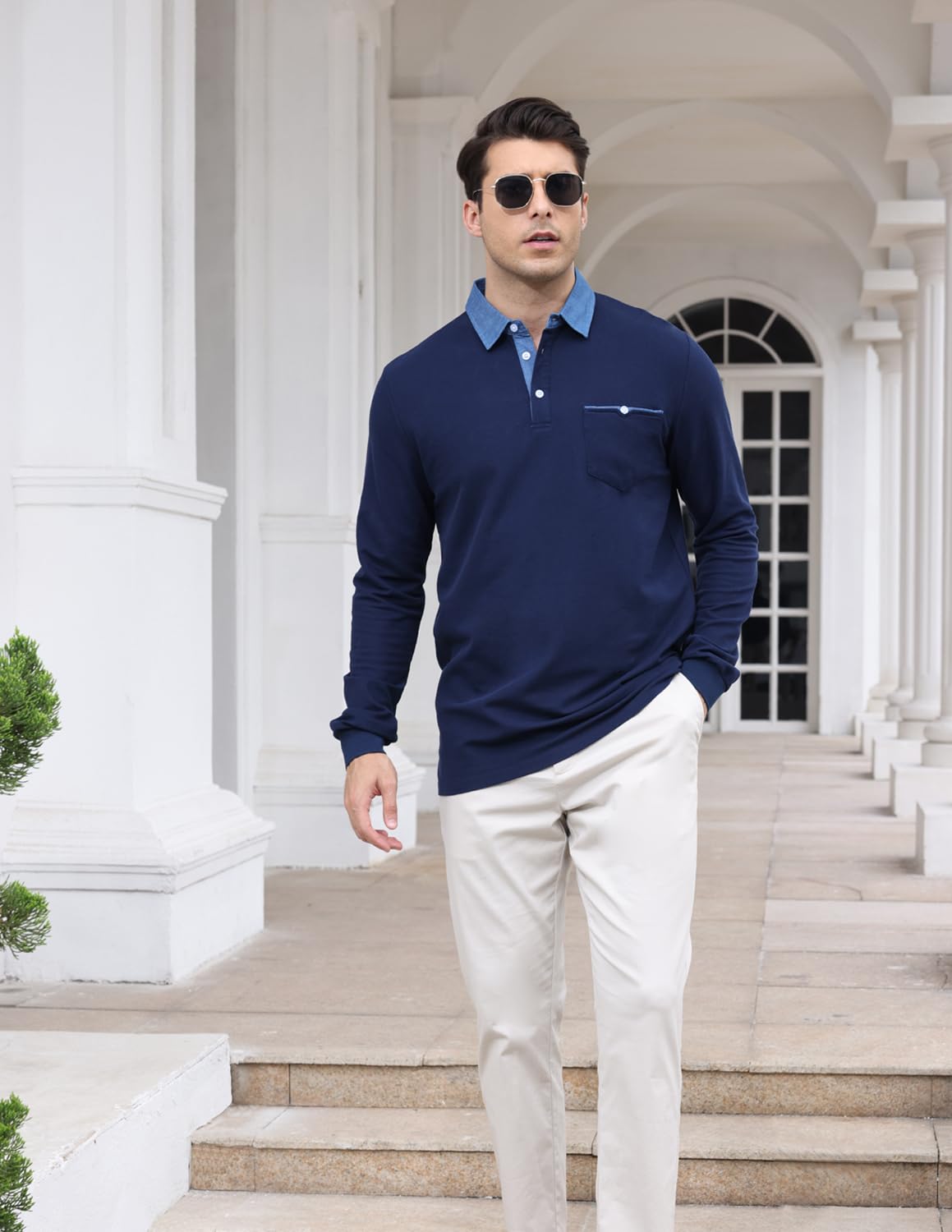 LIUPMWE Manica Lunga da Uomo Puro Cotone Elegante Top Cuciture Classiche Maglietta Commerciale Camicia