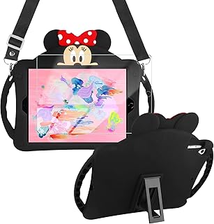 for iPad 6th Generation Cases iPad Air 2 Case 9.7 inch for Girls Kids with Screen Protector Kickstand Shoulder Strap Cute Silicone Case Cover for iPad 5th Generation case 9.7'' Black