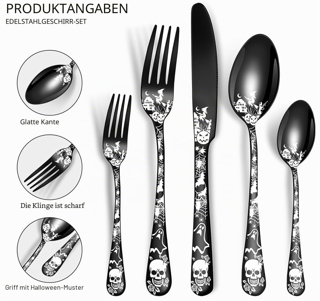 XIAOYU Besteckset für 4, 20-teiliges Edelstahl-Besteck, dekoratives Skelett-Musterteck für Halloween, Ostern und Weihnachten, Regenbogen