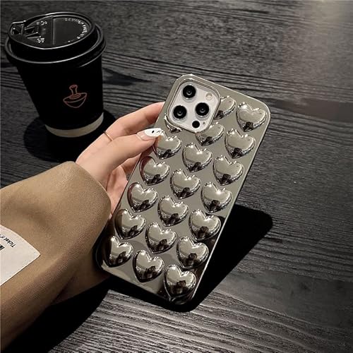Compatible With Iphone 14 Pro Max Case Chrome Silver Heart Shiny And Stylish Premium Three-Dimensional Love Heart Creative Phone Case Soft Tpu Anti-Shock Suitable For Women And Girls 6.7 Inches #TOP5