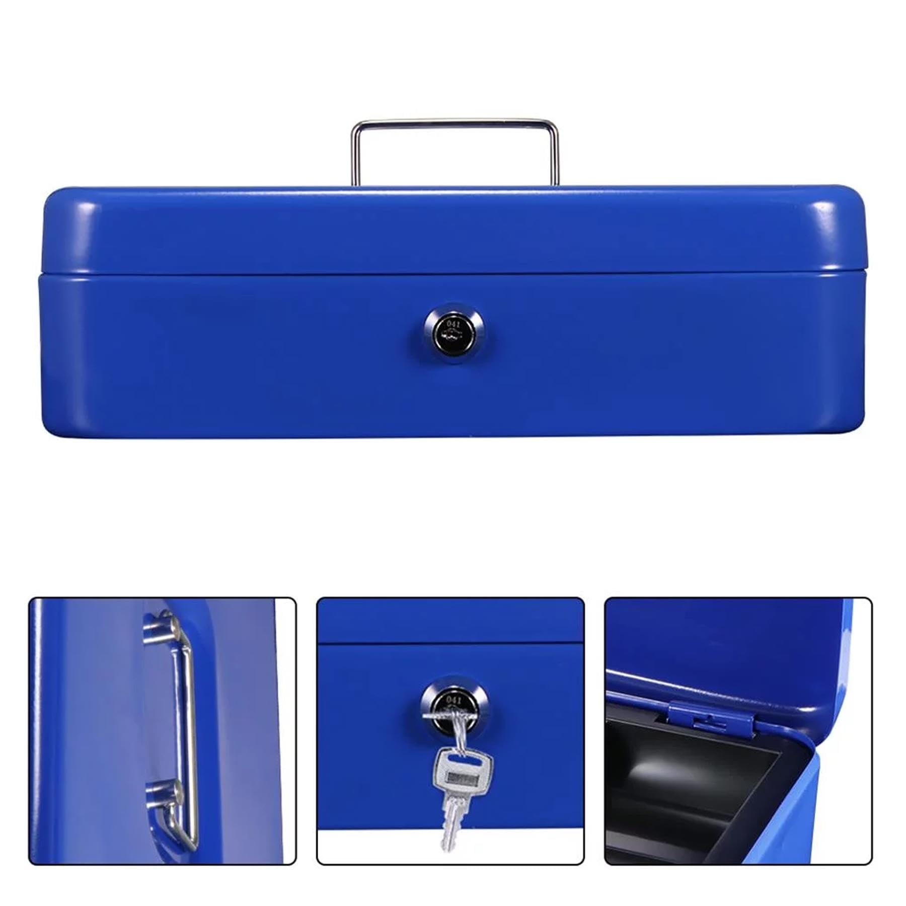 Faboer Metal Cash Petty Box Money Bank Deposit Steel Tin Security Safe Petty Key Lockable Cash Box with Coin Tray for Petty Cash Coins Notes (Blue, 4'')