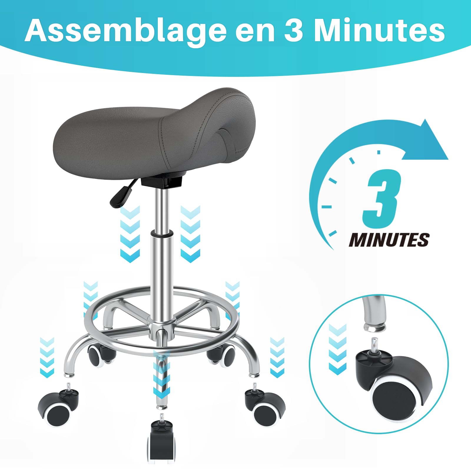 YEEZEE - Taburete de sillín de caballo ergonómico con ruedas para oficina, color gris | Antimal de espalda, comodidad óptima, altura 46-59 cm, capacidad 150 kg, taburete ruedas para peinado, tatuaje, dental