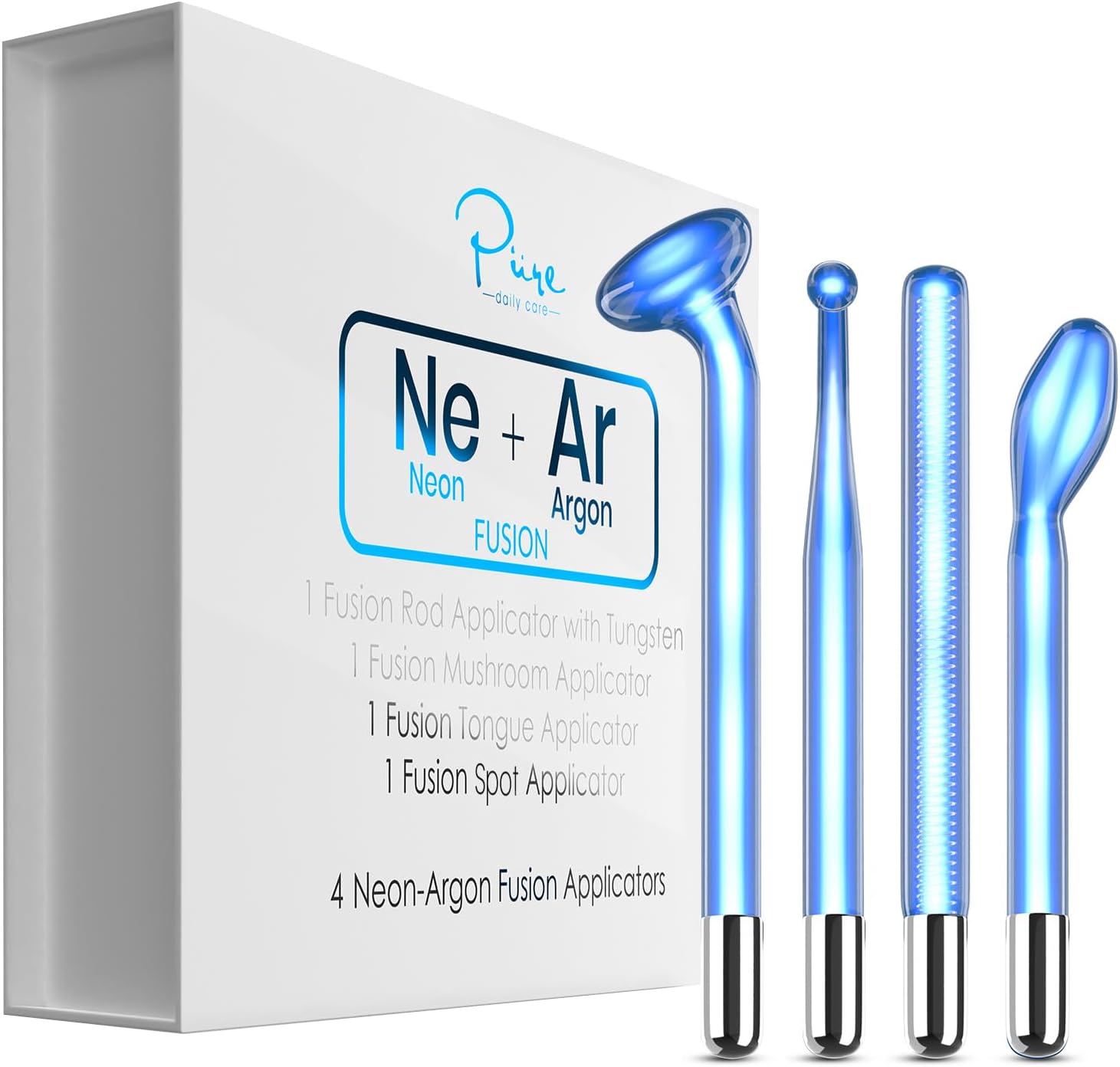Pure Daily Care NuDerma FUSION Wand 4-Piece Set - Neon & Argon Fusion Glass Applicators - Compatible with All NuDerma Systems - High Frequency - Skin Tightening