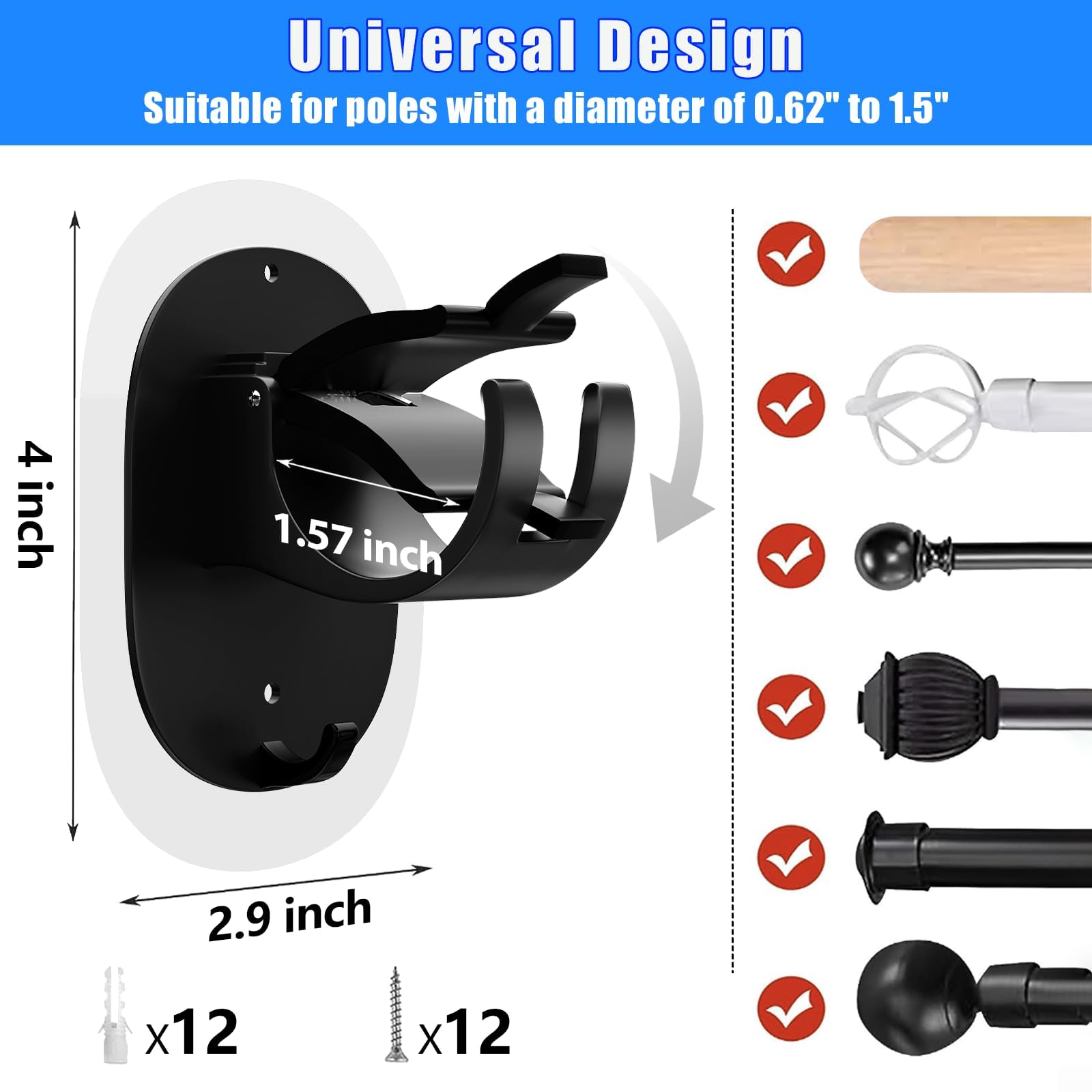 Lot de 6 supports autocollants pour tringle à rideaux (noir)