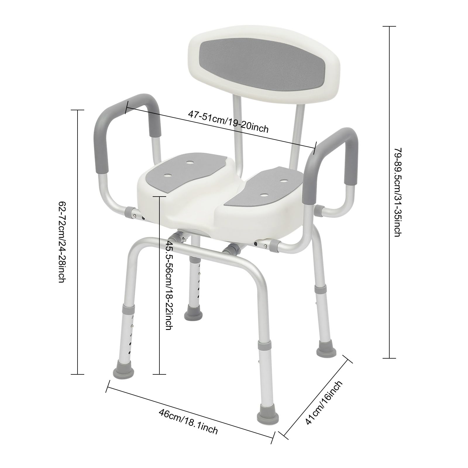 Taboret prysznicowy dla seniorów, obracany o 360°, krzesło prysznicowe z oparciem i uchwytem na słuchawkę prysznicową, 5-stopniowa regulacja wysokości, z odpornymi na zimno padami EVA