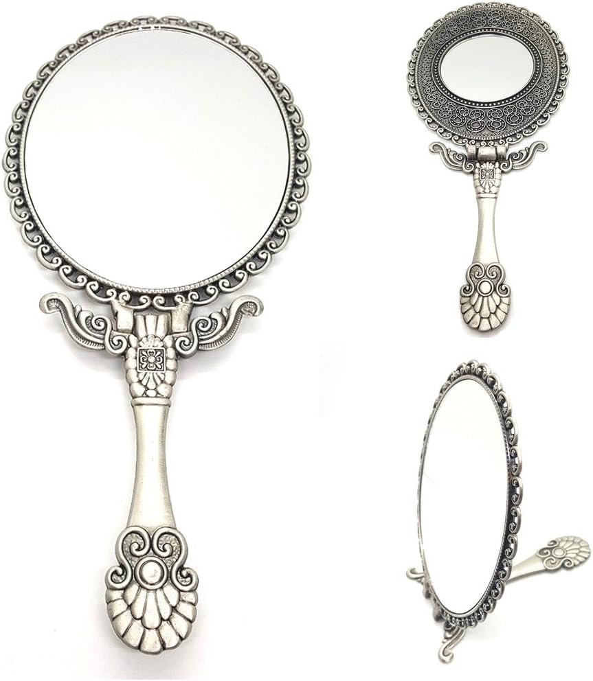 Handheld Mirror Antique with Stand Folding Double Sided Matt Silver for Makeup Mirror