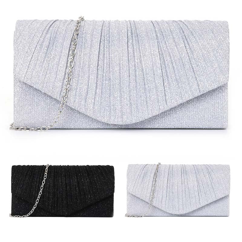 Bolsa clutch prateada para noite - elegante bolsa de mão de tecido franzido com glitter com corrente delicada, bolsa de ombro de festa brilhante para casamento e eventos formais, Prata