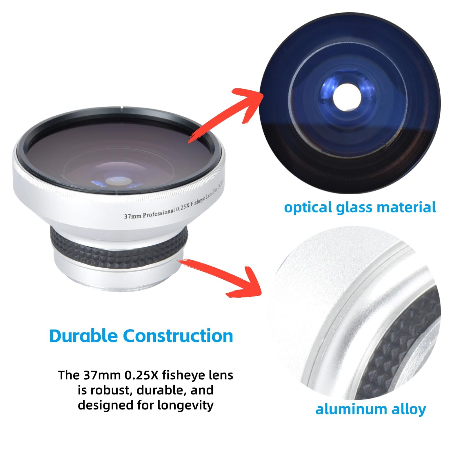 Obiettivo aggiuntivo da 37 mm 0,25 x super fisheye, per riprese ravvicinate macro, realizzato in lega di alluminio in vetro ottico, adatto per obiettivi di fotocamere calibro 37 mm