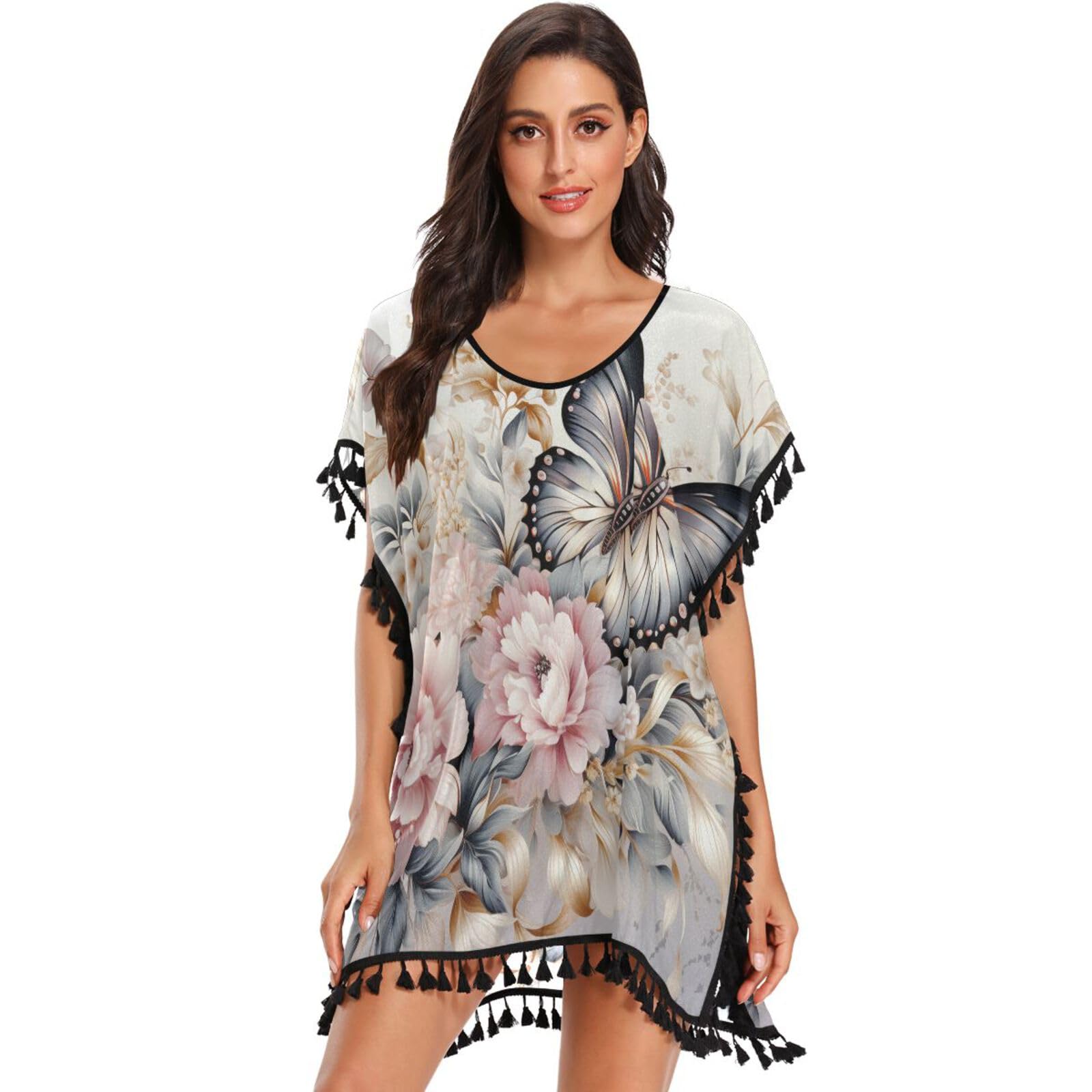 Oil Painting Flower Butterfly Art Women's Beach Cover Up Chiffon Tassel Swimwear Swimsuit Coverups for Girl