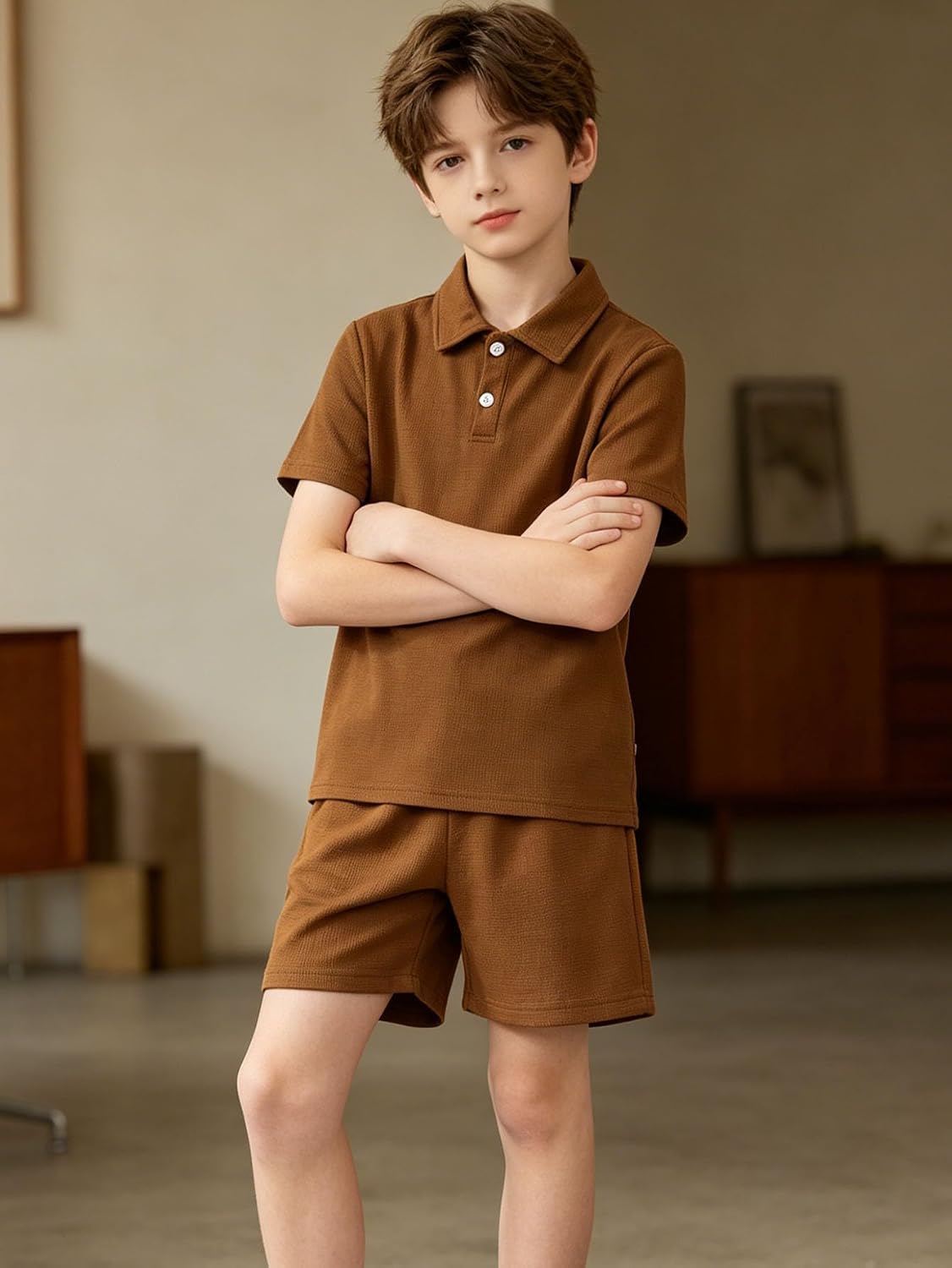 Boys 4 Piece Summer Clothes Waffle Texture Button-Down Shirt and Shorts Beach Vacation Outfit for Kids 3-12Years