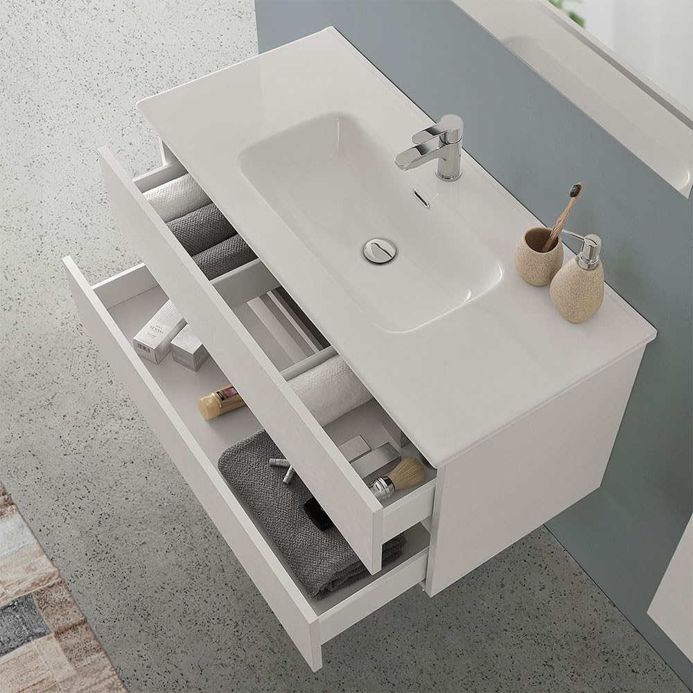 Inbagno Mobile Bagno Sospeso 70 cm Rovere Bianco – Mobiletto Con Lavabo In Ceramica E 2 Cassettoni Soft-Close – Linea Nadia