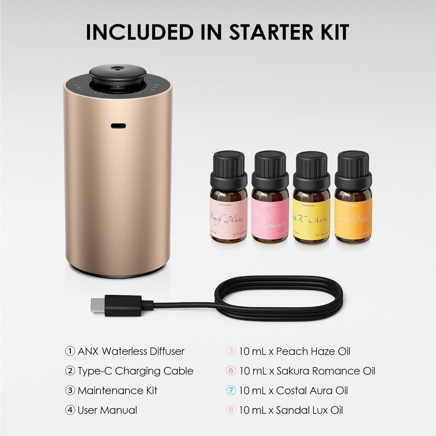 Airversa Waterless Essential Oil Diffuser Starter Kit with 4 x 10mL Fragrance Scent Oil, Battery Operated Mini Scent Air Machine Portable Diffuser for Home Car Office, ANX Titanium Kit01 - Image 4
