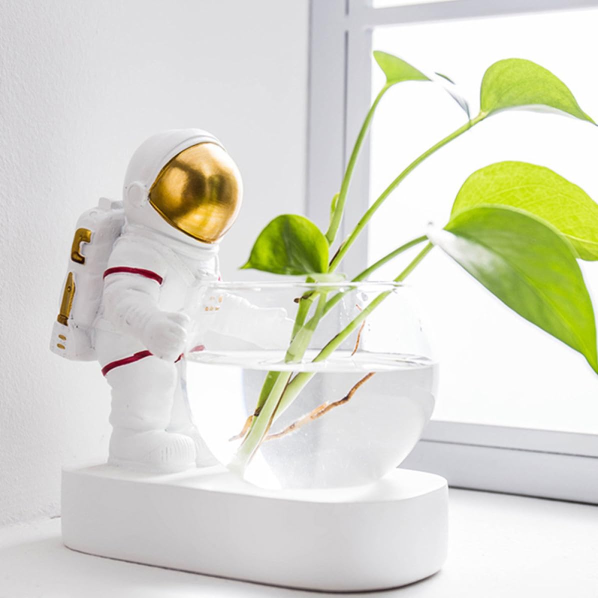 Contenitore Idroponico in Vetro e Resina con Luce LED Astronauta, Decorazione per Piante Succulente e Acquatiche, Porta Fioriere da Interno per Casa e Ufficio