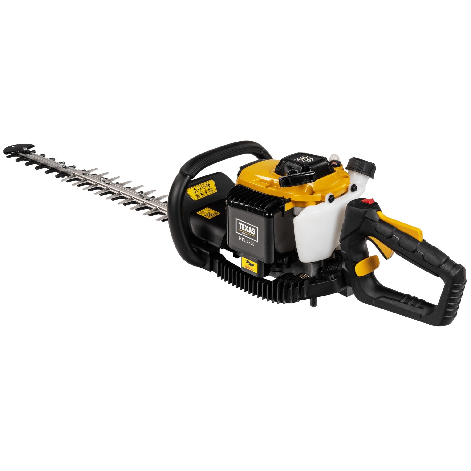 TEXAS Profi Heckenschere Benzin HTL2300 56cm Schnittlänge | 28mm Schnittstärke | 2-Takt | 23ccm Hubraum | 650W | Doppelklinge | Seilzugstarter | drehbarer Handgriff 180°