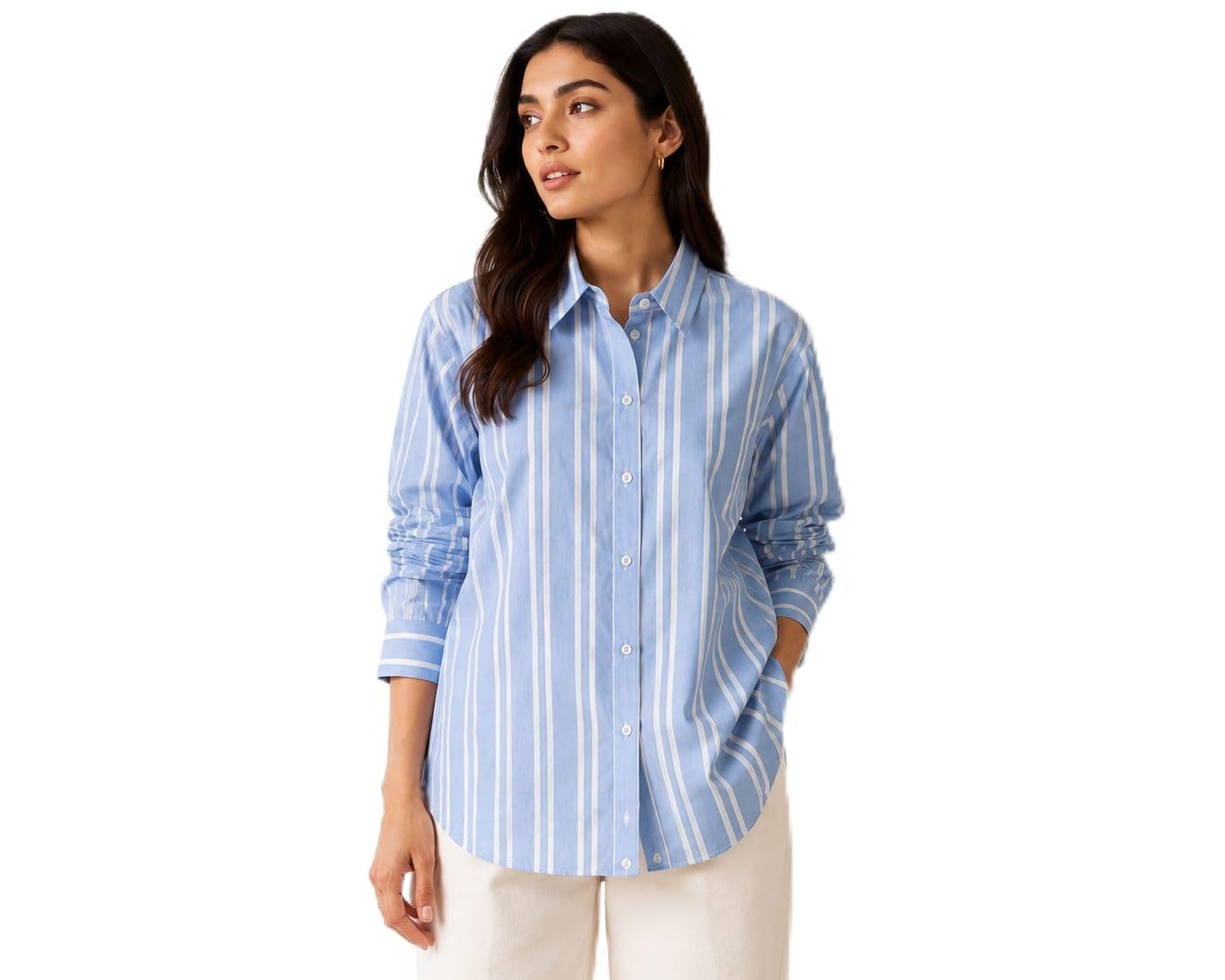 Women's Blue and White Striped Cotton Shirt, Oversized Regular Fit, Full Sleeves, Collared Longline Button-Down, for Office and Everyday Wear-picture-41