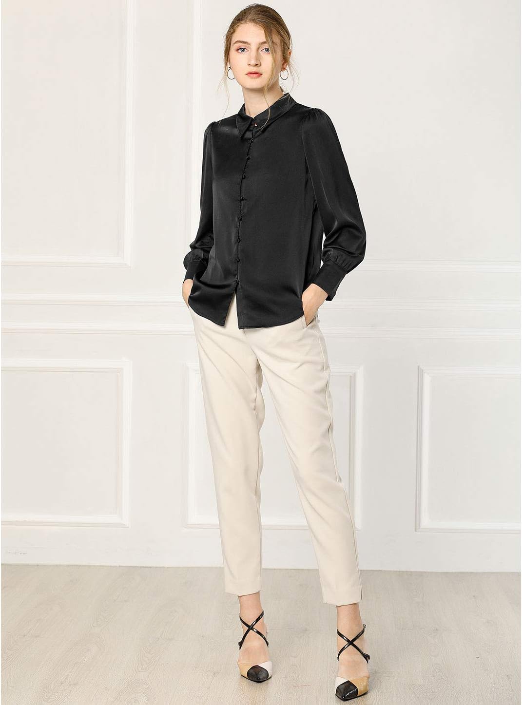 Allegra K Women's Satin Blouse Puff Long Sleeve Collared Button Down Shirt Dressy Office Work Top Business Casual - Image 3