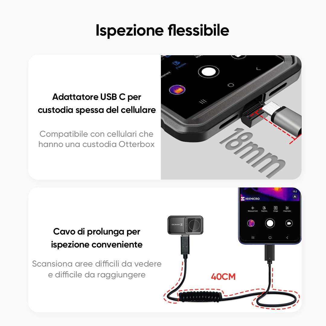 Termocamera HIKMICRO Mini2 Android, risoluzione IR 256 x 192, termocamera per Android, frequenza di aggiornamento 25 Hz, grandangolo 50°, 49.152 pixel, da -20 °C a 350 °C, USB-C (non per iPhone)