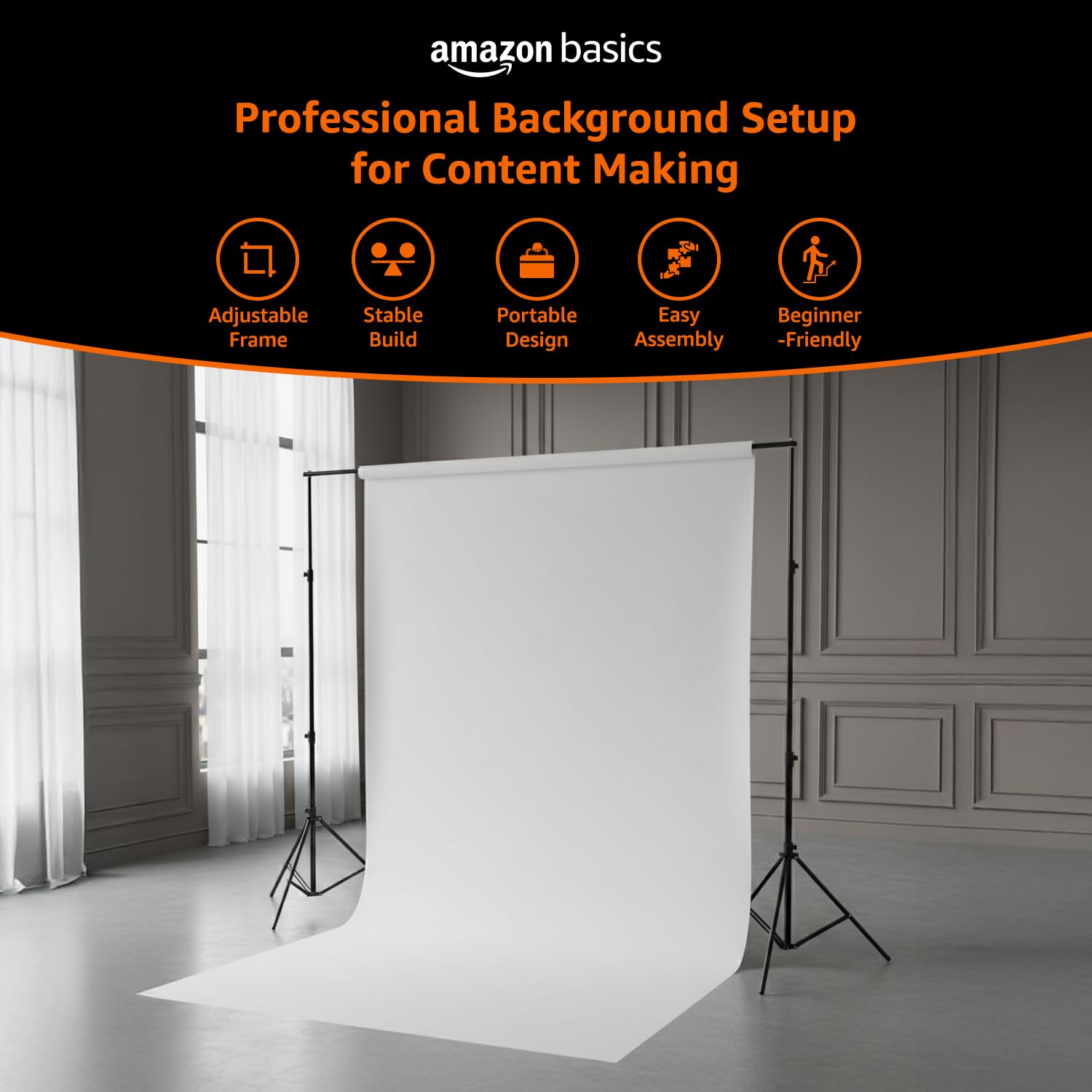 Amazon Basics Studio Background Stand Kit for Backdrop Photography and Videography, Adjustable, Foldable and Portable with Carry Bag (9 x 9 Feet) 1