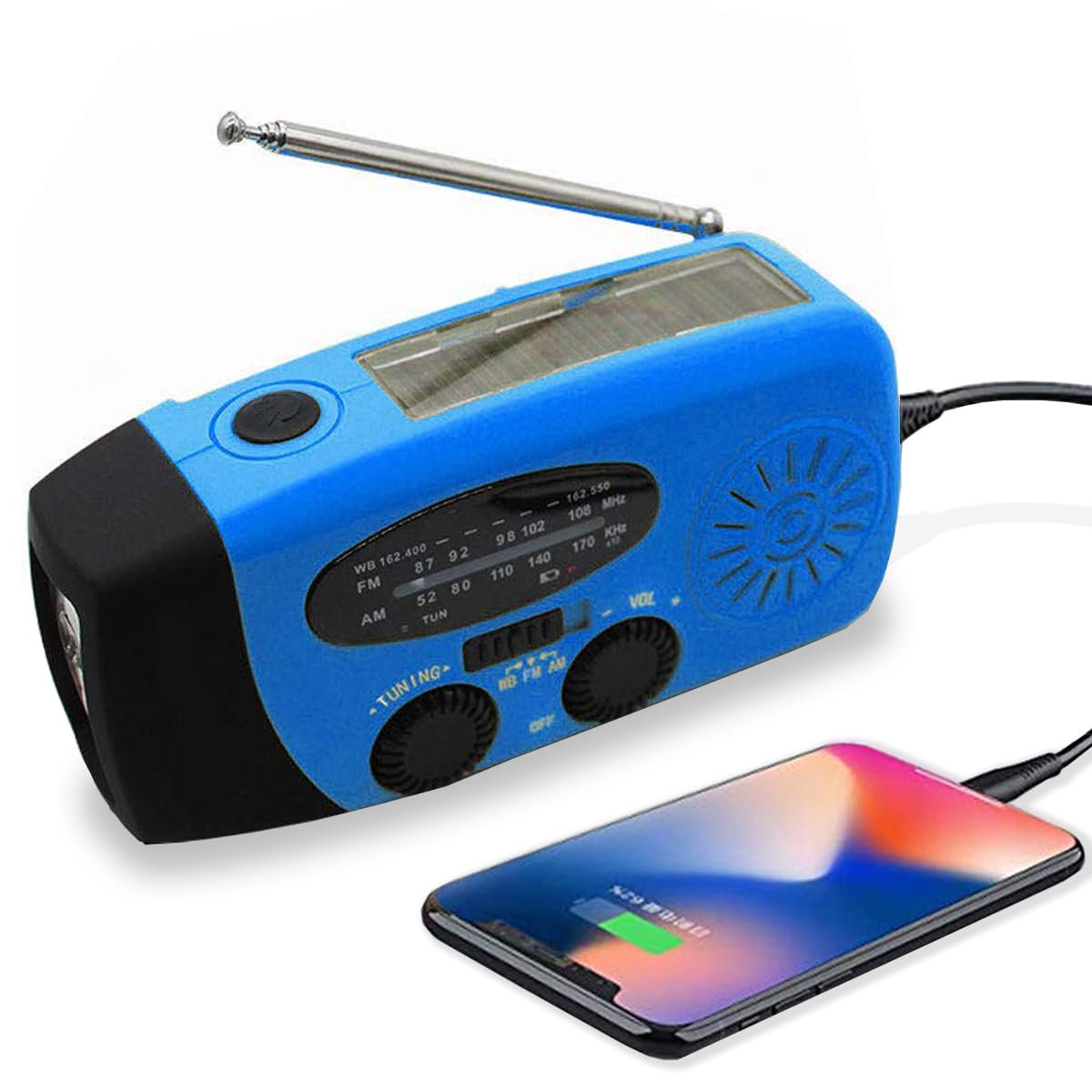 Upgraded Emergency Solar Weather Radio Hurricane Supplies Earthquake Kit Hand Crank Self Powered AM/FM/WB NOAA Wind up Survival Radios LED Flashlight 2000mAh Power Bank for iPhone Smart Phone （Blue）