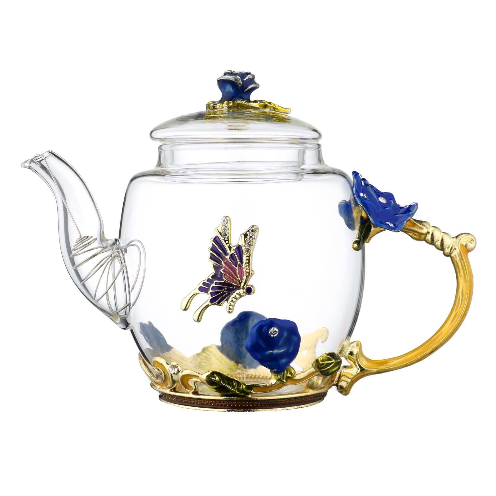Glass Teapot -300 ml (10 oz) - Blue Rose Flower Butterfly Decoration Heat Resistant Glass Teapot Kettle Loose Leaf Teapot Tea Party Set (Blue)