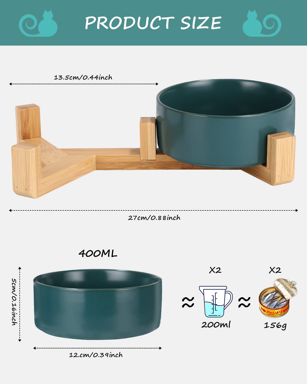 JOFLVA Ciotole Per Cani Ceramica,2 Pacchi 400ML Ciotole Per Gatti Con Base e Pad Antiscivolo Ciotola per Acqua e Cibo Adatto a cani di media e Piccola Taglia(verde)