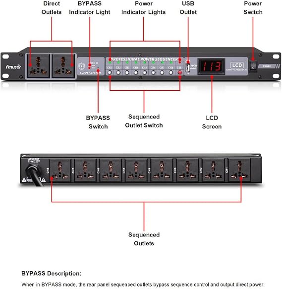 10-Outlet Power Sequencer Conditioner, 3000W Rack Power Conditioner with Independent Power Switch Surge Protector LCD Display, Ideal for Studio and Home Theater Sound System
