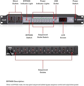 10-Outlet Power Sequencer Conditioner, 3000W Rack Power Conditioner with Independent Power Switch Surge Protector LCD Display, Ideal for Studio and Home Theater Sound System